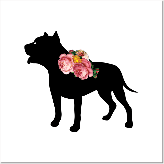 Pit Bull Dog Silhouette with Roses Wall Art by LizzyizzyDesign